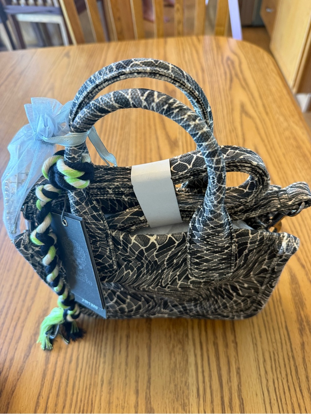 Vince Camuto Black & White Swirl Tote with Neon Green Tassel - Picture 4 of 6